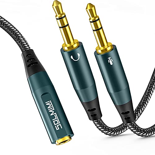 SOLMIMI Headset Splitter Adapter for PC, 3.5mm CITA TRRS Female to 2 TRS Male Headphone Audio Mic Jack Y Splitter Cable for Gaming Headset to Dual-Jack PC, Laptop (Strong Nylon Braided) - 1 Ft