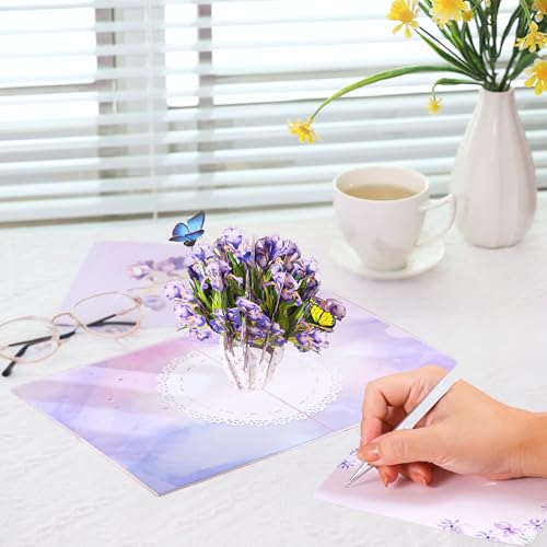 Image of Iris Bouquet Flowers 3D Pop Up Birthday Card for Women, Wife, 6x8 in