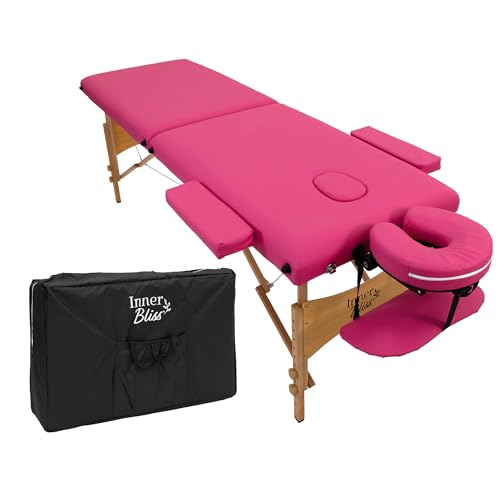 Inner Bliss Portable Massage Table 2 Section Folding Therapy Couch with Wooden Frame and Face Cradle | Lightweight Spa Bed for Beauty Salon Tattoo Physio Treatments | 60cm Wide (Dark Pink)