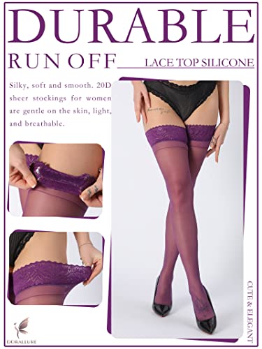 Image of DORALLURE Thigh High Stockings Silicone Lace Top Stay Up Silky Semi Sheer Pantyhose for Women Hold Up Nylon