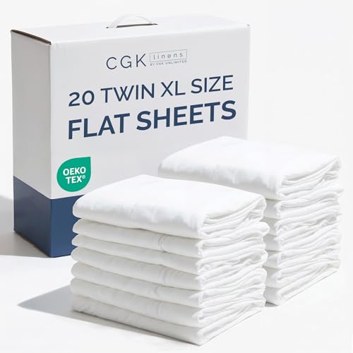 Bulk Case Pack of 20 Flat Sheets - (20) Twin XL Size Hotel Quality Top Flat Bed Sheets Only - Wholesale Bulk Bedding for Hotels Spas & Airbnbs - Breathable Cooling & Wrinkle Free - (Twin XL White)