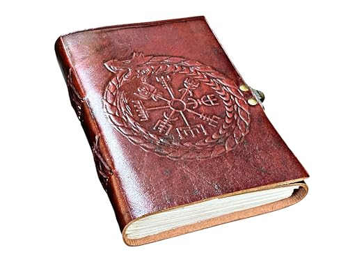 Grimoire en cuir véritable marron Vegvisir et papier d'époque fait main au style rustique