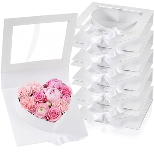 Mooliwe 6 Pack Heart Shaped Flower Gift Box Bridesmaid Groomsmen Proposal Box Treat Fillable Gift Packaging Boxes with Ribbon Cardboard for Wedding Birthday Love Favors(White)