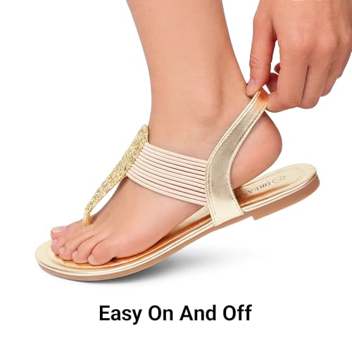 DREAM PAIRS DREAM PAIRS Women's Elastic Strappy String Thong Ankle Strap Summer Gladiator Sandals,Size 10,Gold,SPPARKLY