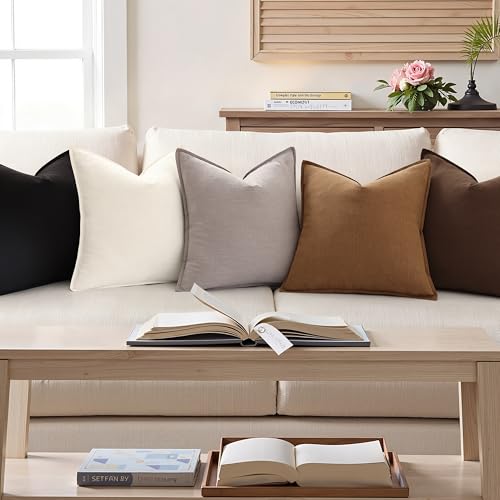 Image of decorUhome Fall Decorative Linen Throw Pillow Covers 18x18 Inch Set of 2 Chocolate Pillow Covers with Flange Edges Soft Farmhouse Boho Accent Pillow Cases for Couch Bed Living Room