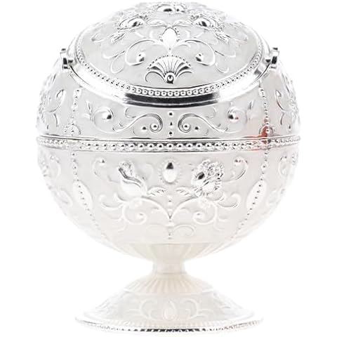 Kepfire Vintage Metal with Lid Globe Ashtray Cigarettes European Hotel Living Room Office Hotel Artwork Windproof Outdoor Portable Ashtray Creative Decorative Ash Tray - Silver Edge Rose Cover