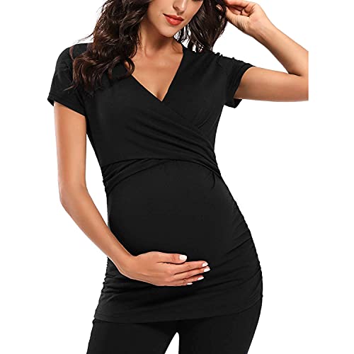 Tomwell Camiseta de Maternidad Manga Corta Floral Embarazada Raya Impreso Embarazo Moda Suelta Blusa Verano D Negro XL