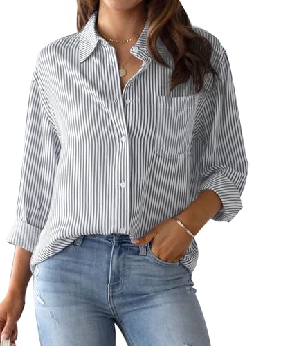 MINTLIMIT Women's Striped Button Down Shirts Long Sleeve Casual Blouse Tops with Pockets for Women 2024 Light Grey