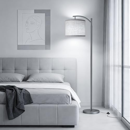 Image of Floor Lamp for Living Room with 3 Color Temperatures LED Bulb, Standing Lamp Tall Industrial Floor Lamp Reading for Bedroom, Office (9W LED Bulb, Beige Lampshade Included) -Grey