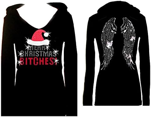 Merry Christmas Bitches Angel Wings Rhinestone Bling Womens Tee Shirt V Hoodie (M) Black