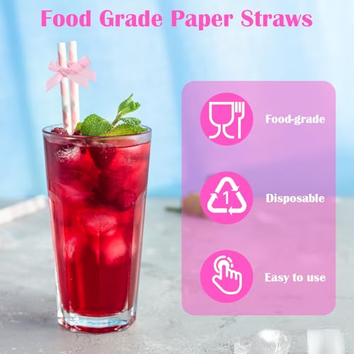 30 Stück Rosa Papierstrohhalme,Süße Rosa Schleife Strohhalme,Trinkhalme aus Papier,197 x 6mm Trinkstrohhalme,für Fruchtsäfte,Kaffee,Tee,Cocktails und Milchshakes