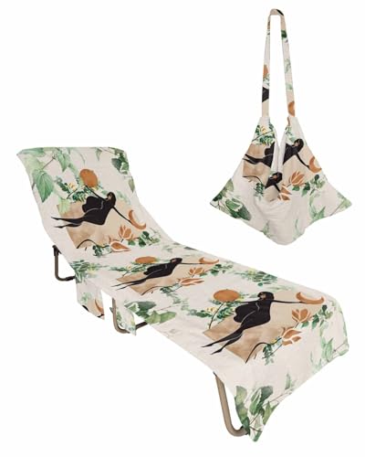 Boho Art Beach Chair Towel Covers for Chaise Lounge with Side Pocket, Soft Plush Pool Towels Cover for Patio Sunbathing Outdoor 29''x85'' Modern Abstract Tropical Leaves Green Brown