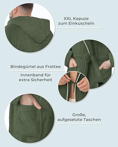 LAYNENBURG Bademantel Herren Frottee - Kapuze - Lang - 100% Baumwolle (360g/m2) - OEKO TEX Standard 100 - Größe (L, Grün)
