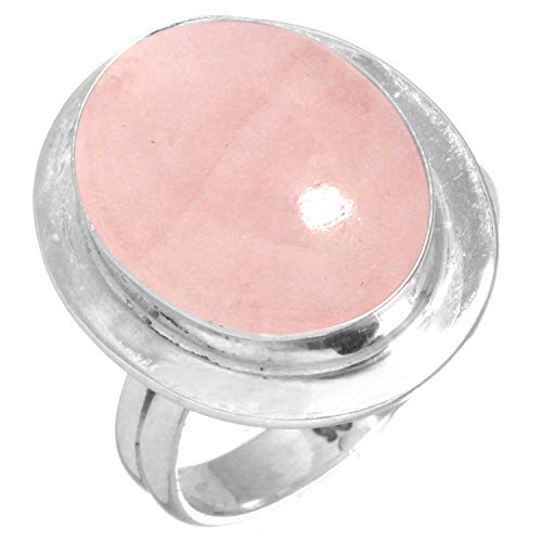 Jeweloporium Anillo de plata de ley 925 con cuarzo rosa rosa, talla 28, para mujer, piedra ovalada gruesa, joyería artesanal.
