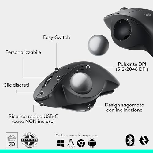 Logitech MX Ergo S mouse trackball wireless avanzato, mouse ergonomico wireless ricaricabile USB-C con Bluetooth e dongle crittografato, 6 pulsanti programmabili, per PC/Mac - Grafite - Immagine 5