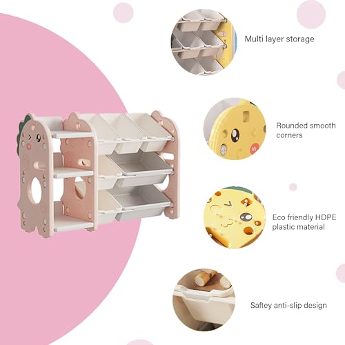 Image of oddpod Dino Kids Toy Organizer Storage Racks with Bins, Cute Cartoon Montessori Plastic Bookshelf for Children & Bedroom Shelf for Baby Hardline Toys, Books, Clothes & Games - Pink (5+2 Bins)