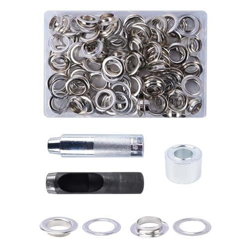 Luabue 100 Sets Occhiello Strumento Kit 20mm Occhielli Metallici con 3pcs Strumento Occhielli Grommet Rondelle per Tela Cerata Teloni Tende Lacci Scarpe Borse in Pelle (20mm)