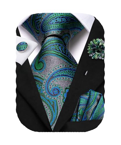 Image of Hi-Tie Men's Silk Ties Formal Woven Classic Necktie Pocket Square Cufflinks Lapel Pin Set Wedding Business