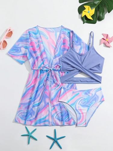 Image of WDIRARA Toddler Girl's 3 Piece Swimsuits Marble Print Criss Cross Bikini Set Bathing Suit with Beach Kimono Cover Up Purple 7Y