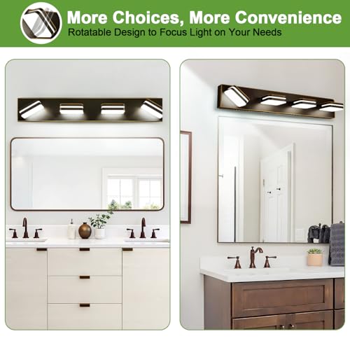 Image of Torondo 360 Rotate LED Bathroom Vanity Light Fixtures, Acrylic Vanity Lights for Bathroom, Modern Wall Lighting Fixtures Over Mirror Living, Oil Rubbed Bronze, Natural White, 4-Light, 27-Inch