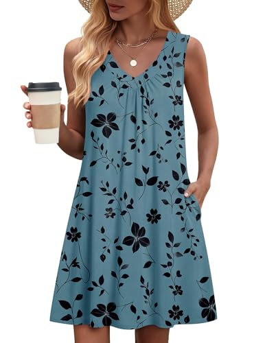 Image of Zeagoo Summer Dresses for Women 2026 Sleeveless Dress V Neck Tank Dress Pleated Floral Tshirt Sundresses with Pockets