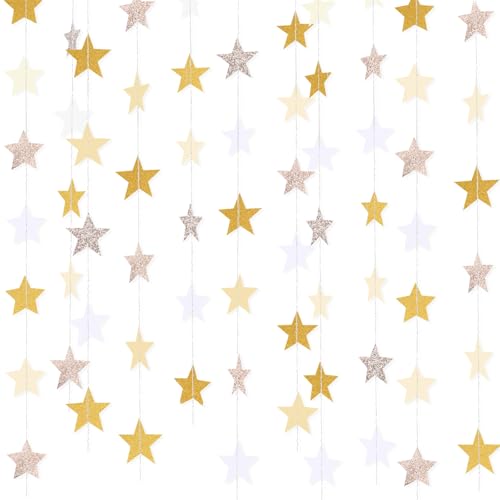 Image of Patelai 130 Feet Glitter Star Garland Banner 2026 Party Decoration Double Side Star Hanging String Streamer Paper Twinkle for Graduation Wedding Birthday (Glitter Gold and Champagne Gold,White)