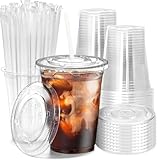 KAHEIGN 50 Piezas Vasos de Plástico Transparente con Tapa Y Pajitas de Papel, 480ml Vaso Reutilizable de Plástico para Café Elegantes Vasos para Café Helado Batidos Bebidas Frías Fiestas Catering