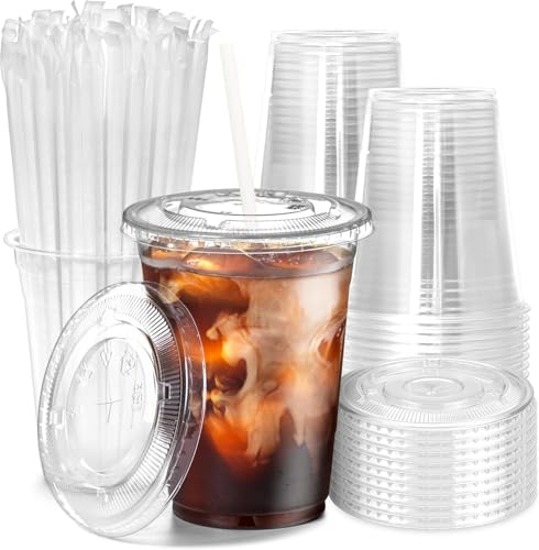 KAHEIGN 50Pcs Clear Plastic Cups with Lids and Paper Straws 480ml Plastic Coffee Tumbler Reusable Drink Cup Elegant Party Beverage Glasses for Iced Coffee Smoothie Milkshake Cold Drink Party Catering