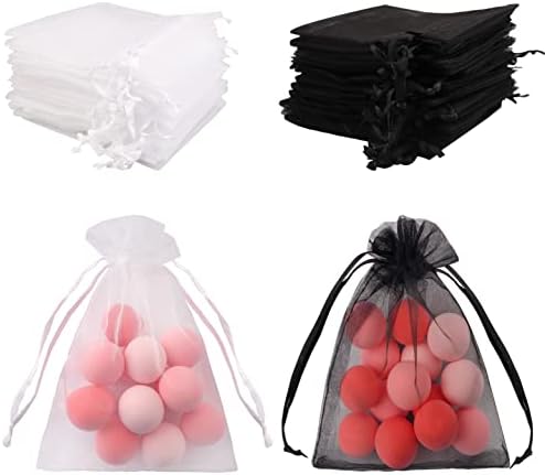 100Pcs 10x15CM(4 x 6 inches) Organza Bags, Black and White Gift Bags Favour Bags Mesh Jewellery Bags with Drawstring Candy Pouches for Party Wedding Birthday Valentines Easter