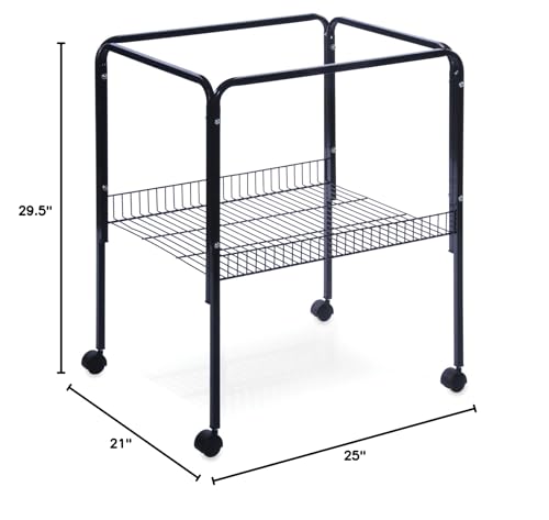 Image of Prevue Pet Products Bird Cage Stand with Shelf - Small Metal Cage Stand with Rolling Wheels, Bird Stands for Inside, Mid‑Height Shelf for Cage Accessories, Toys, and Storage - Black
