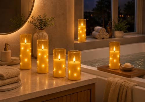 Image of 5 Pack Champagne Transparent Acrylic Flameless Taper Candles, Flickering Black Wick LED Candles with Surrounding Fairy String Lights, Heat Resistant ABS Candles with Remote for Indoor Outdoor Decor