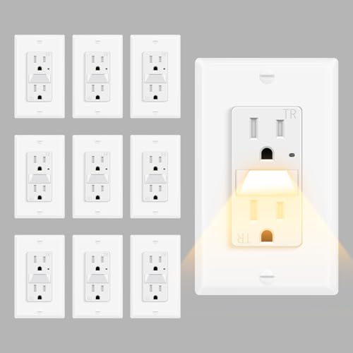 10 Pack Wall Outlet with Auto-Induction LED Night Light, 15A Tamper-Resistant Outlet, ETL Certified, 0.1W Energy-Efficient LED, Ideal for Hallways, Bedrooms, Kitchens, Home Use