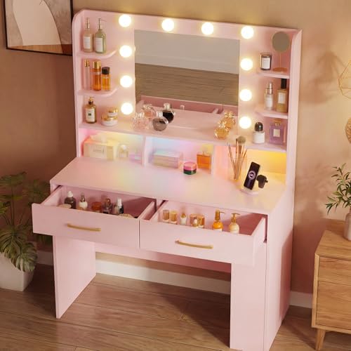Image of LUCKRACER Vanity Desk with LED Lights Mirror & Charging Station, Makeup Vanity with Storage Drawers and Shelves, Modern Dressing Table for Women Girls Bedroom, Pink