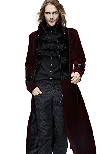 Devil Fashihon Victorian Vintage Abrigos gruesos para hombre Gótico Otoño Invierno Chaquetas Largas Steampunk Cuello Alto Ropa de abrigo para caballero (L, Rojo)