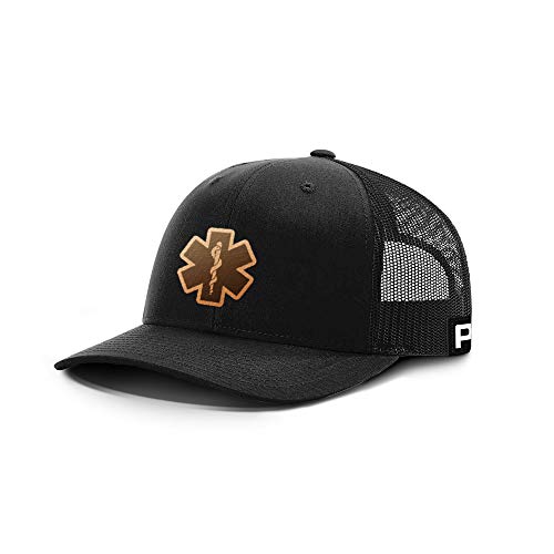 Printed Kicks EMT Cross Star of Life Leather Patch Back Mesh Hat Nurse EMS Cap (Black Front/Black Mesh)