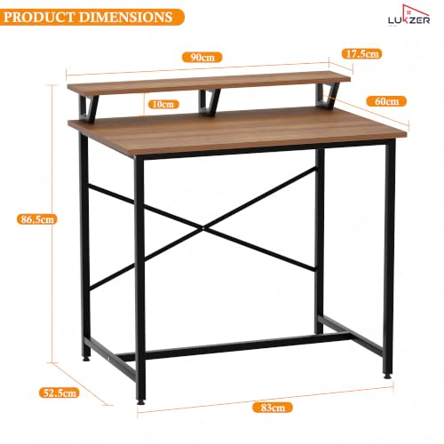 Image of Lukzer X-Support Study Table with Monitor Riser for Home Office (MST-009 /Black & Oak Brown) Metal & Engineered Wood Laptop & Computer Workstation Desk for Student, DIY Spacious Tabletop (90x60x86 cm)