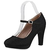  VAN HILL Damen Pumps Mary Janes Party Stiletto Schuhe Glitzer Absatzschuhe Elegante Freizeit Riemchenpumps 211922 Schwarz 37