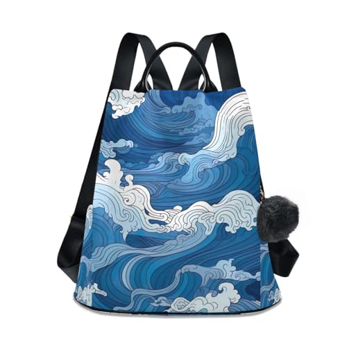 Sac à dos pour femme bleu et blanc avec fermeture éclair stylée et pompon