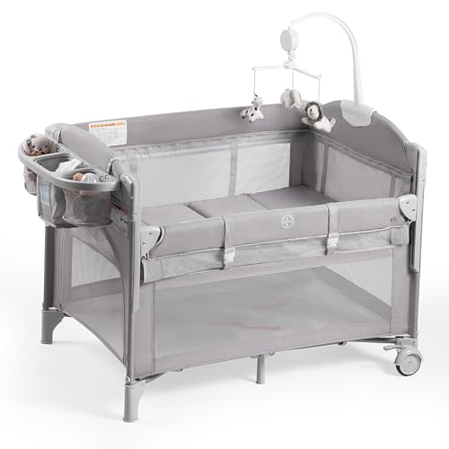 Rinnebbit Baby Bassinets Bedside Sleeper, 4 in 1 Portable Bedside Crib w/Mattress, Diaper Changer, Storage Basket, Music Box, Carry Bag, Foldable Playard Sleeper for Newborn (Light Gray)