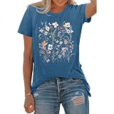 BLACKOO Women Graphic Tee Casual Floral T Shirts Heather Indigo Medium