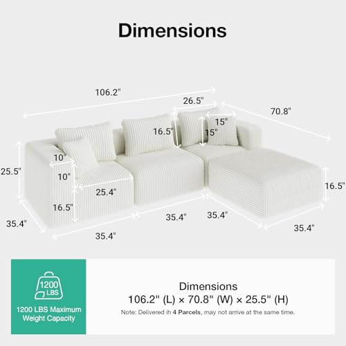 Image of Novilla 106 inch Modular Sectional Sofa, L Shape Convertible Sectional Couch, Modern Cloud Design with SmartS Coil Support, Boneless Sectional Couch for Living Room Apartment, No Assembly Required, Beige