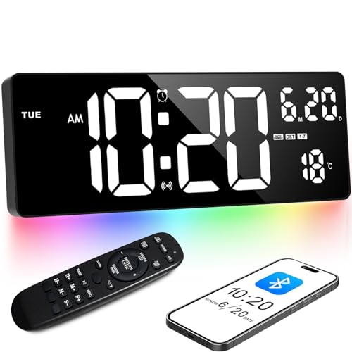 XREXS 16,5' Reloj Digital para Pared Bluetooth, Pantalla Blanca y Luz Ambiental Multicolor - Muestra Hora/Temp/Calendario/Cronómetro/Alarma - Ideal para Sala/Cocina/Oficina