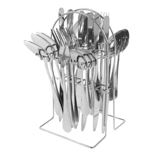 Silverware Set, 24Pcs Stainless Steel Cutlery Set with Holder, Service for 6, Mirror Polished Tableware Set for Home Kitchen Gathering,Dishwasher(Silver)