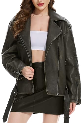 Fahsyee Leather Jacket Women, Faux Motorcycle Oversized Moto Biker Short Coat Casual Vegan Pleather Jackets Fashion, Black XL
