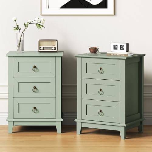 RoyalCraft Farmhouse Tall Nightstand Set of 2 Painted Wooden Bedside End Table with 3 Storage Drawers Rustic Side Table for Bedroom Living Room Green