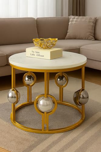 Image of Marble Look Coffee Table, Round Accent Metal Center Table with Golden Metal Golden White