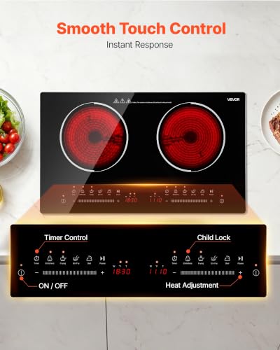 Image of VEVOR Electric Cooktop 24inch 2 Burners Portable Stove Top 1800W 120V, Ceramic Countertop /Built-in Radiant Electric Stove, with 9 Power Levels, Timer, Child Lock, Over-Heat Guard, Touch Control