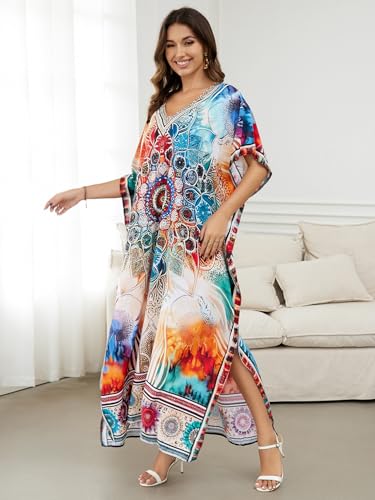Image of IMAGEKOPE Women's Plus Size Loose Fit Moroccan Print V-Neck Batwing Kaftan Beach Dress Bathing Suit Cover Up