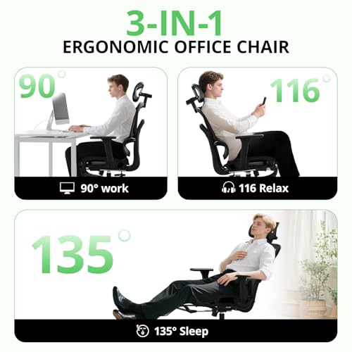 Image of Synorla Ergonomic Office Chair with Footrest, Mesh Desk Chair with 135 Recline, Adjustable Lumbar Support, 3D Armrests and Headrest, Swivel Computer Chair for Home Office