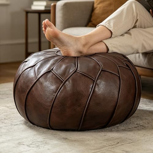 Thgonwid Round Unstuffed Pouf Cover, Leather Foot Stool Ottoman with Storage, Bean Bag Floor Chair, Multi Functional Footrest for Living Room, Bedroom or Balcony (Deep Coffee)